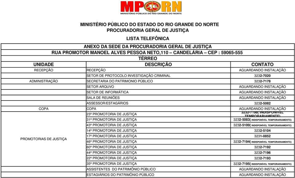 3232-5083( INDISPONÍVEL TEMPORARIAMENTE) 43ª PROMOTORIA DE JUSTIÇA 14ª PROMOTORIA DE JUSTIÇA 17ª PROMOTORIA DE JUSTIÇA 46ª PROMOTORIA DE JUSTIÇA 60ª PROMOTORIA DE JUSTIÇA 44ª PROMOTORIA DE JUSTIÇA