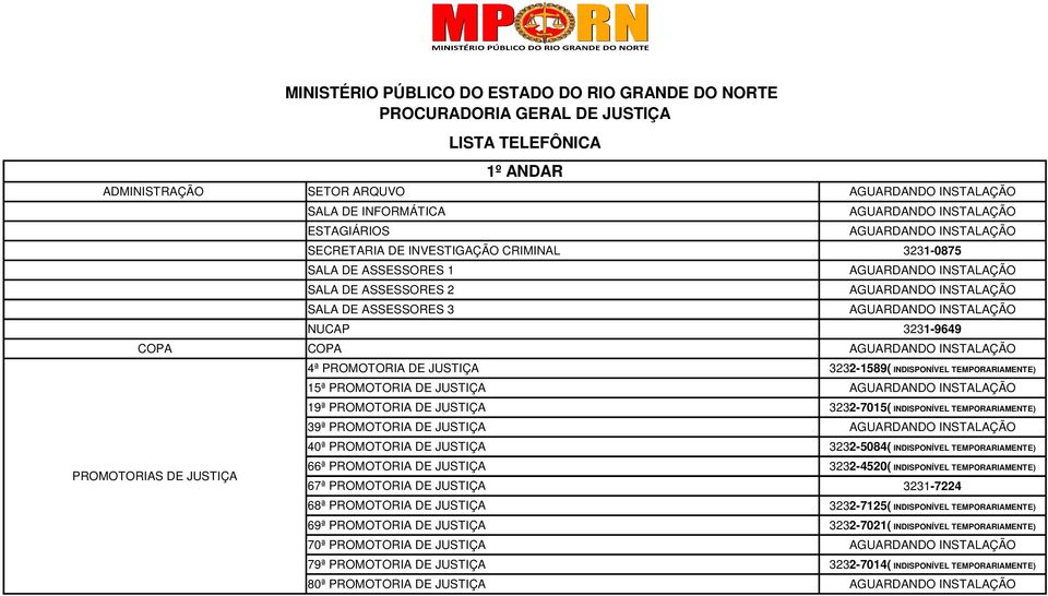 JUSTIÇA 70ª PROMOTORIA DE JUSTIÇA 79ª PROMOTORIA DE JUSTIÇA 3231-0875 3231-9649 3232-1589( INDISPONÍVEL TEMPORARIAMENTE) 3232-7015( INDISPONÍVEL TEMPORARIAMENTE) 3232-5084( INDISPONÍVEL