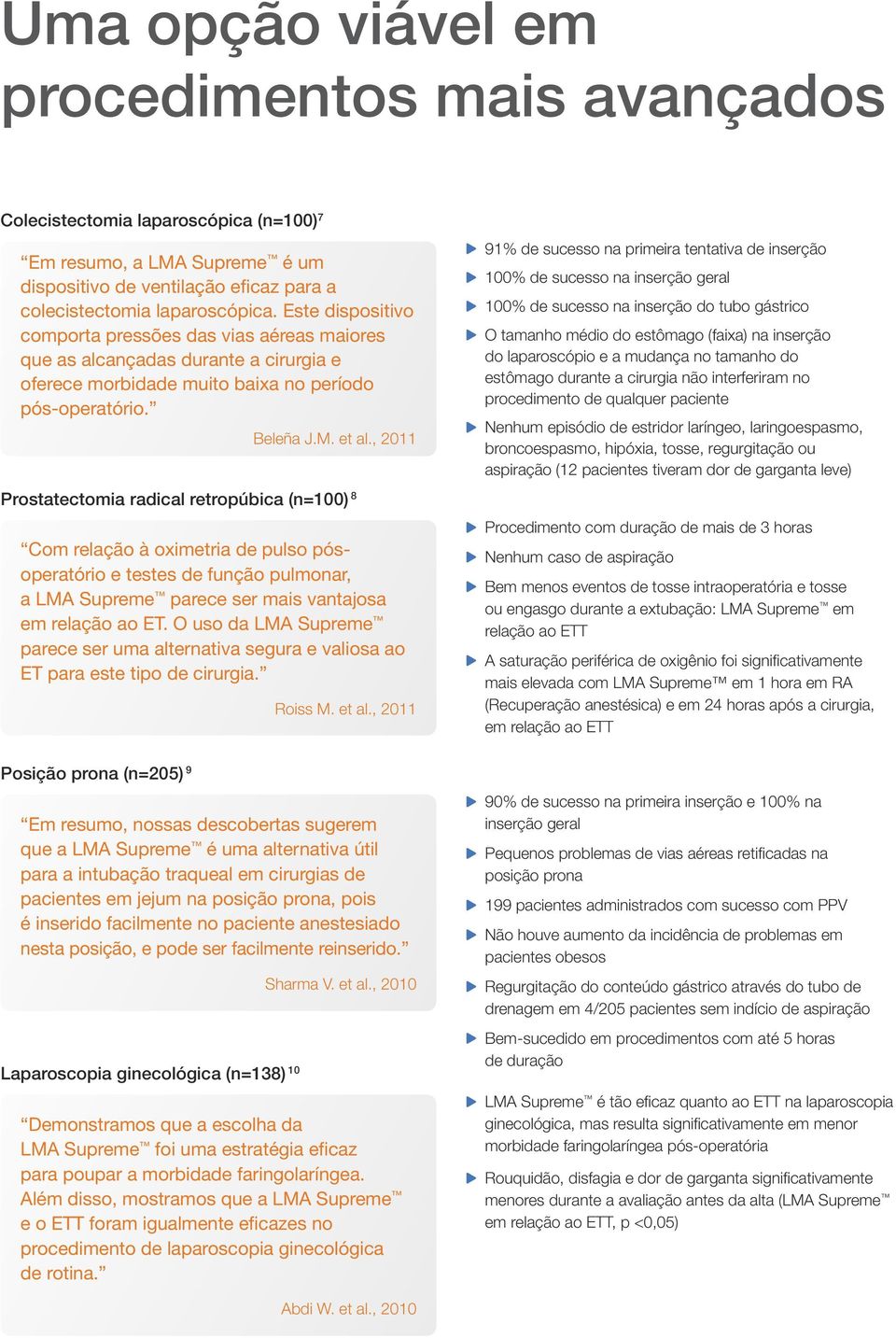 , 2011 Prostatectomia radical retropúbica (n=100) 8 Com relação à oximetria de pulso pósoperatório e testes de função pulmonar, a LMA Supreme parece ser mais vantajosa em relação ao ET.