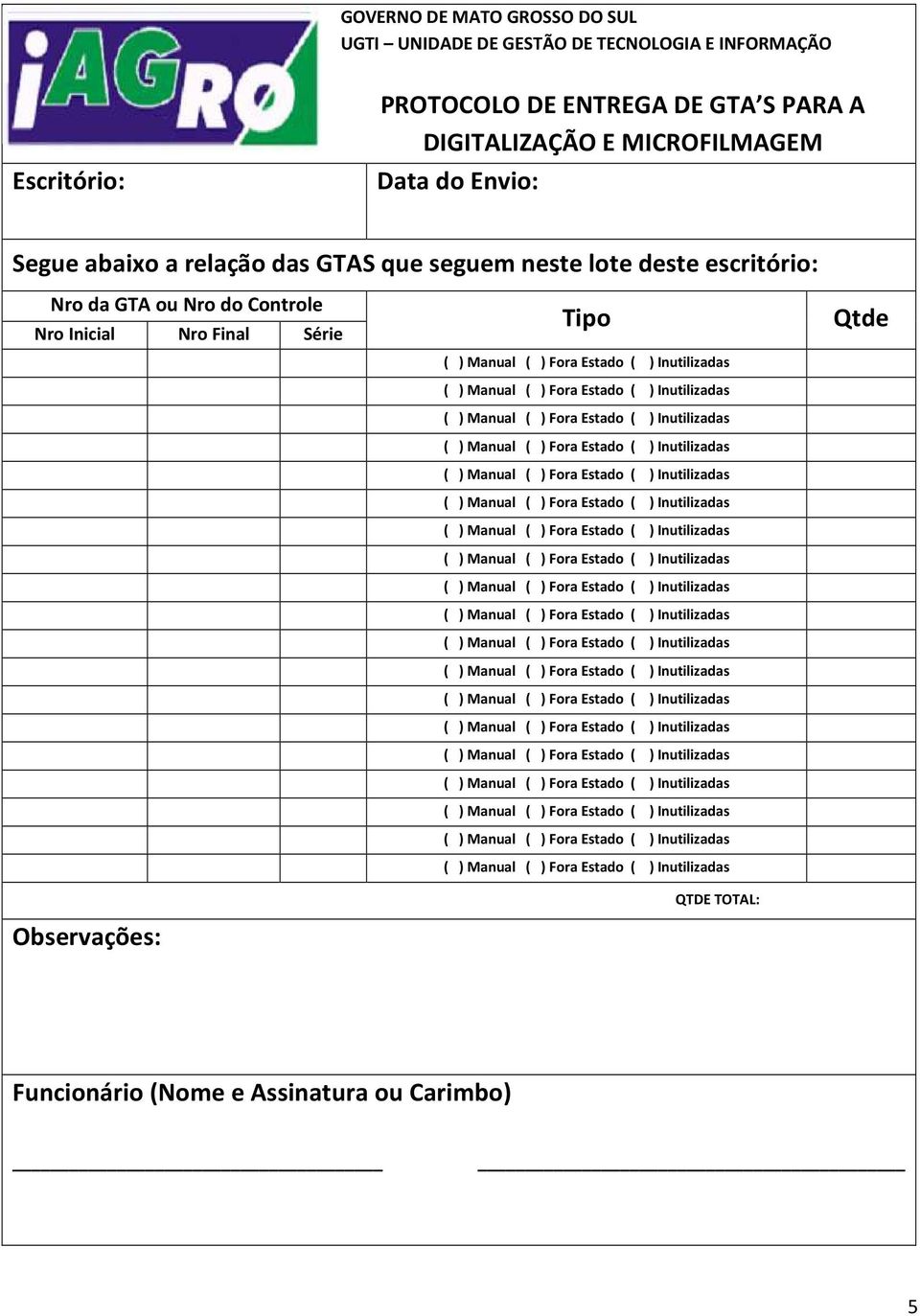 a relação das GTAS que seguem neste lote deste escritório: Nro da GTA ou Nro do Controle Nro