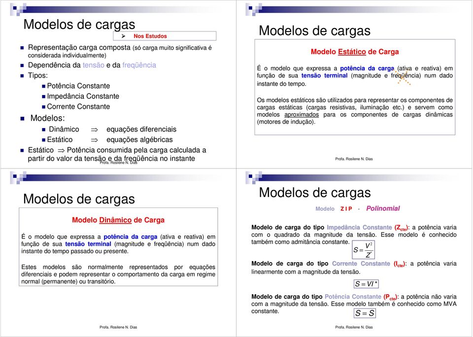 de Carga É o modelo que expressa a potência da carga (ativa e reativa em função de sua tensão terminal (magnitude e freqüência num dado instante do tempo.