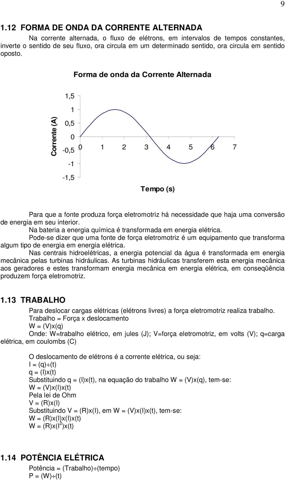 Forma de onda da Corrente Alternada 1,5 1 Corrente (A) 0,5 0-0,5-1 -1,5 0 1 2 3 4 5 6 7 Tempo (s) Para que a fonte produza força eletromotriz há necessidade que haja uma conversão de energia em seu