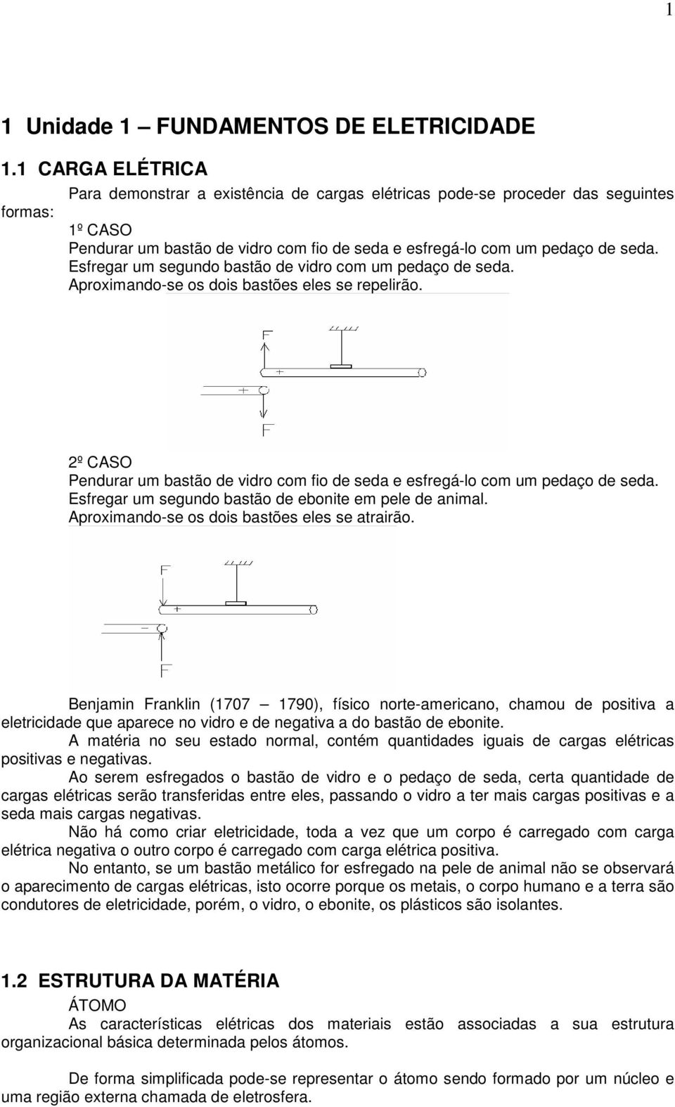 Esfregar um segundo bastão de vidro com um pedaço de seda. Aproximando-se os dois bastões eles se repelirão. 2º CASO Pendurar um bastão de vidro com fio de seda e esfregá-lo com um pedaço de seda.