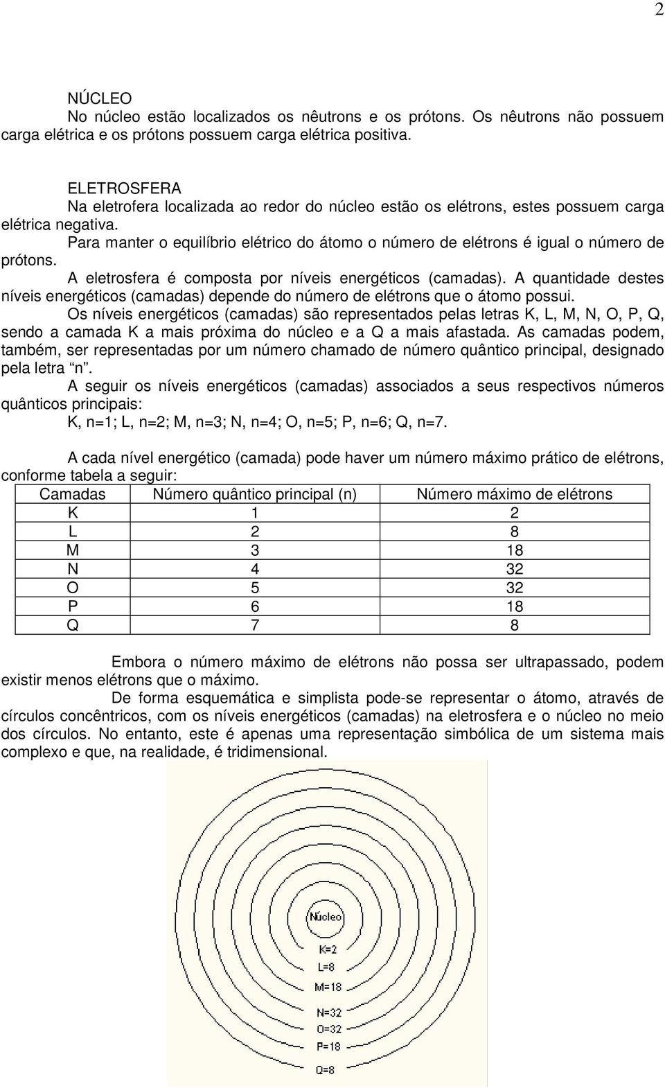 Para manter o equilíbrio elétrico do átomo o número de elétrons é igual o número de prótons. A eletrosfera é composta por níveis energéticos (camadas).