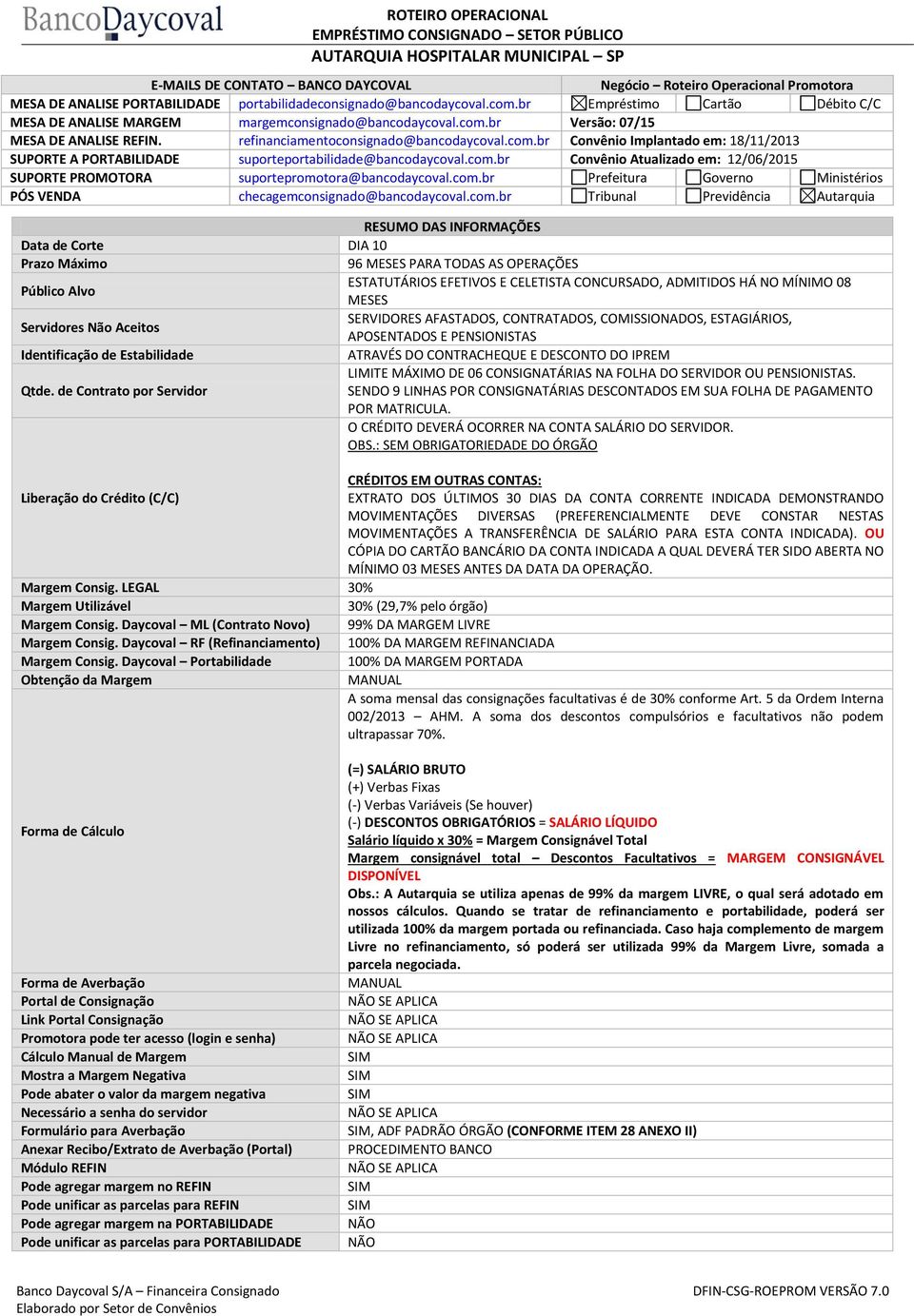 com.br Convênio Atualizado em: 12/06/2015 SUPORTE PROMOTORA suportepromotora@bancodaycoval.com.br Prefeitura Governo Ministérios PÓS VENDA checagemconsignado@bancodaycoval.com.br Tribunal Previdência