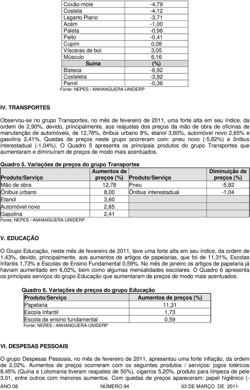 de manutenção de automóveis, de 12,78%, ônibus urbano 8%, etanol 3,60%, automóvel novo 2,65% e gasolina 2,41%.