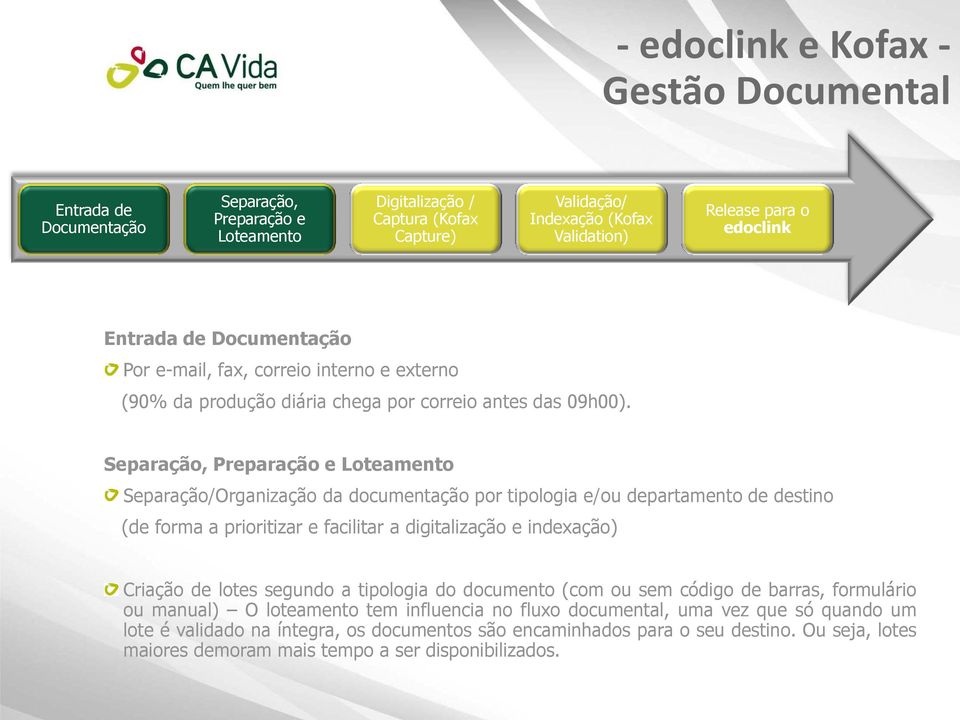 Separação, Preparação e Loteamento Separação/Organização da documentação por tipologia e/ou departamento de destino (de forma a prioritizar e facilitar a digitalização e indexação) Criação de lotes