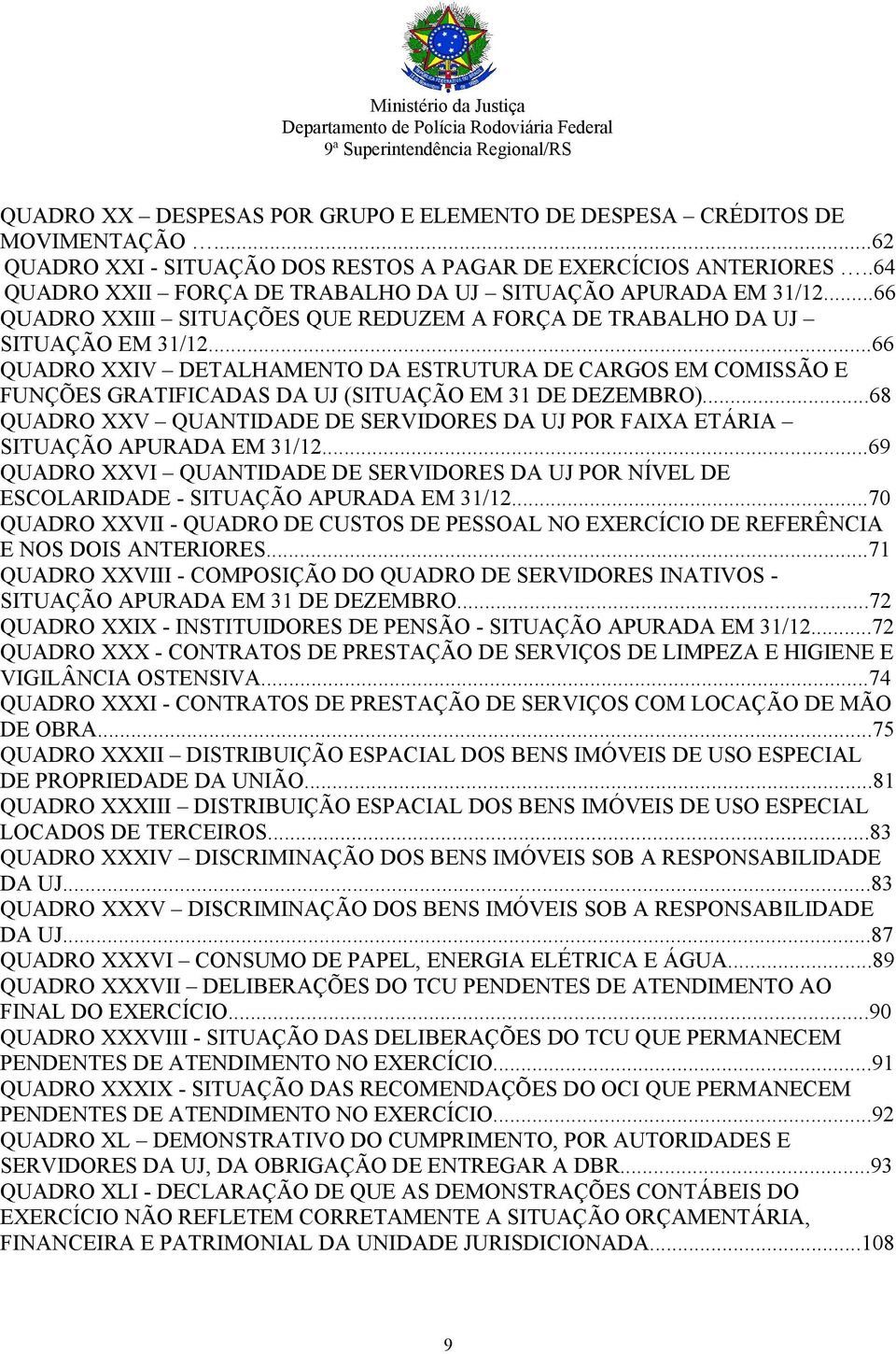 ..66 QUADRO XXIV DETALHAMENTO DA ESTRUTURA DE CARGOS EM COMISSÃO E FUNÇÕES GRATIFICADAS DA UJ (SITUAÇÃO EM 31 DE DEZEMBRO).