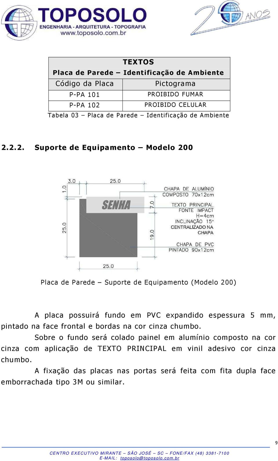 2.2. Suporte de Equipamento Modelo 200 Placa de Parede Suporte de Equipamento (Modelo 200) A placa possuirá fundo em PVC expandido espessura 5 mm,