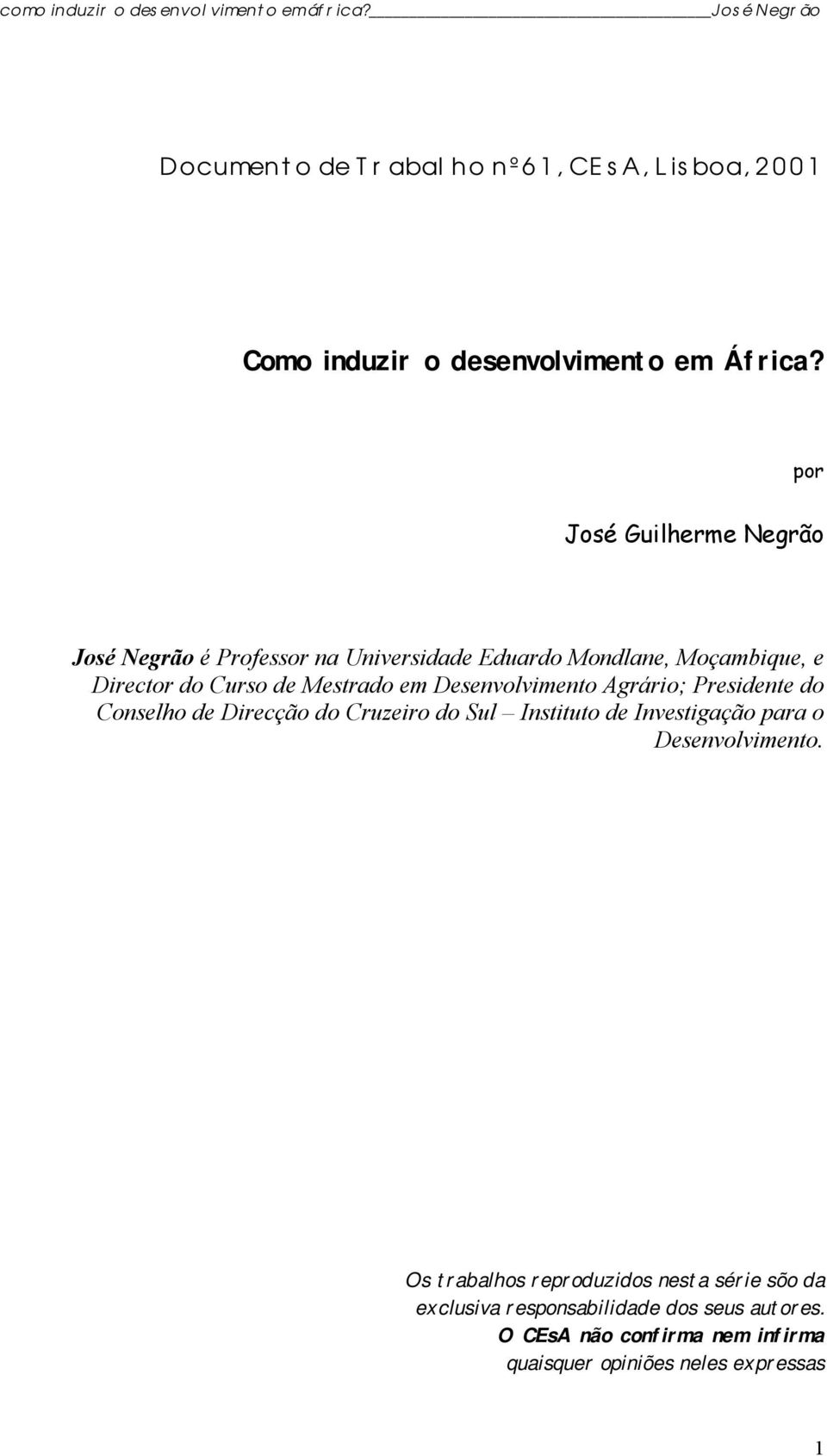 Mestrado em Desenvolvimento Agrário; Presidente do Conselho de Direcção do Cruzeiro do Sul Instituto de Investigação para o