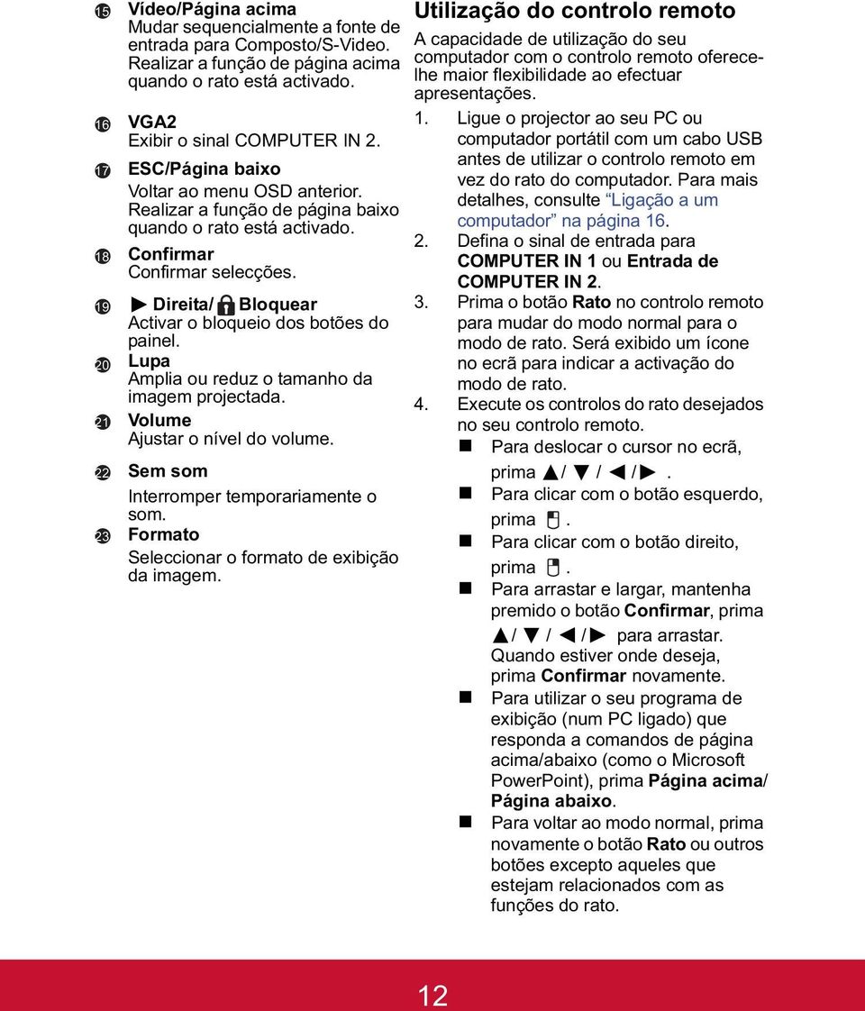 Direita/ Bloquear Activar o bloqueio dos botões do painel. Lupa Amplia ou reduz o tamanho da imagem projectada. Volume Ajustar o nível do volume. Sem som Interromper temporariamente o som.