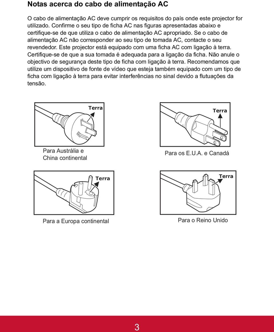 Se o cabo de alimentação AC não corresponder ao seu tipo de tomada AC, contacte o seu revendedor. Este projector está equipado com uma ficha AC com ligação à terra.
