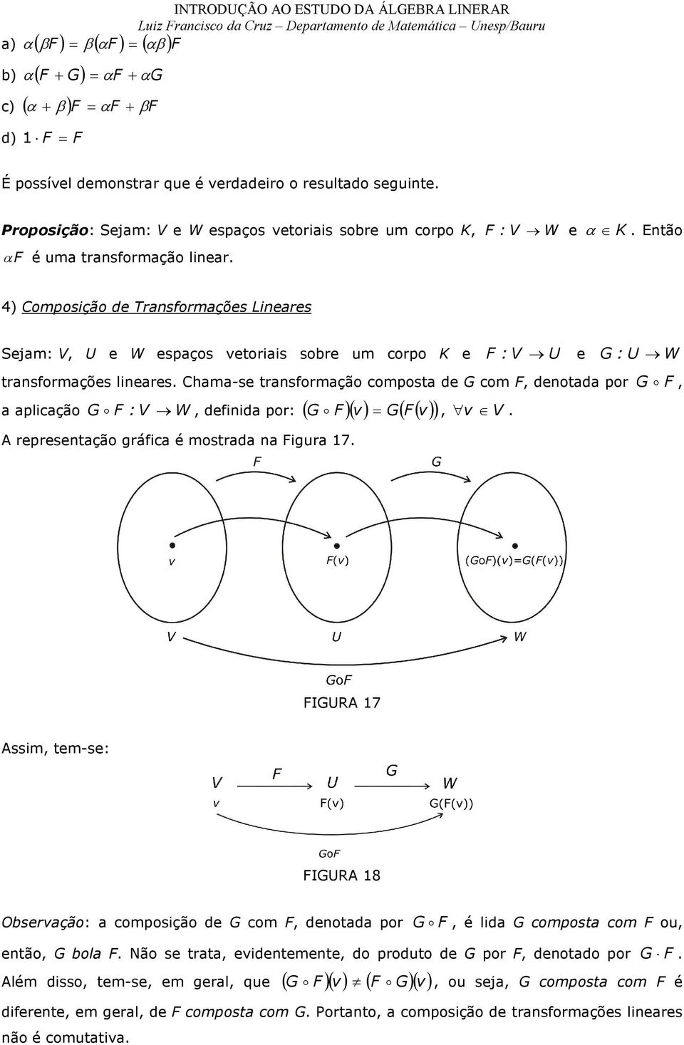 corpo K e F :V U e G: U W transformações lineares Chama-se transformação composta de G com F, denotada por a aplicação G o F :V W, definida por: ( G o F)( v) = G( F( v) ), v V A representação gráfica