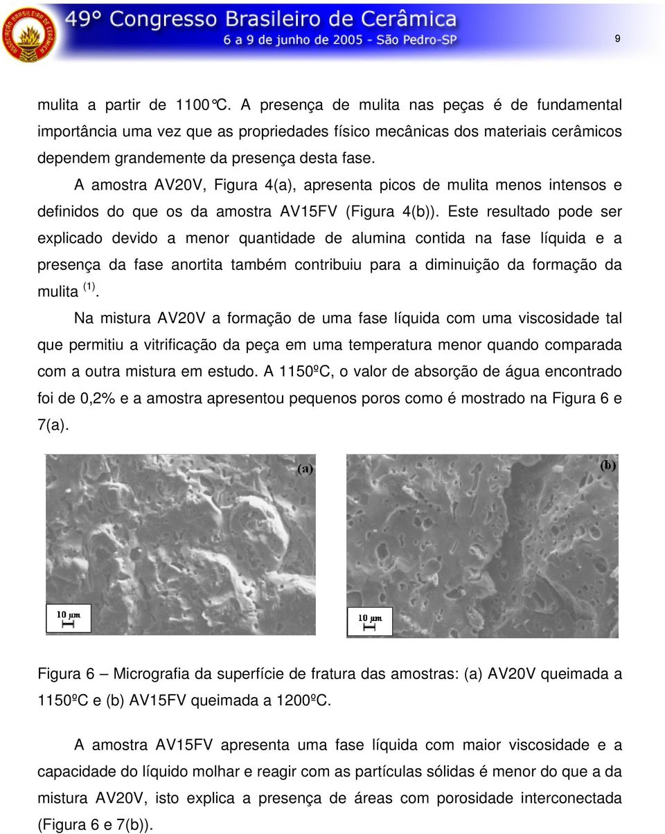 A amostra AV20V, Figura 4(a), apresenta picos de mulita menos intensos e definidos do que os da amostra AV15FV (Figura 4(b)).