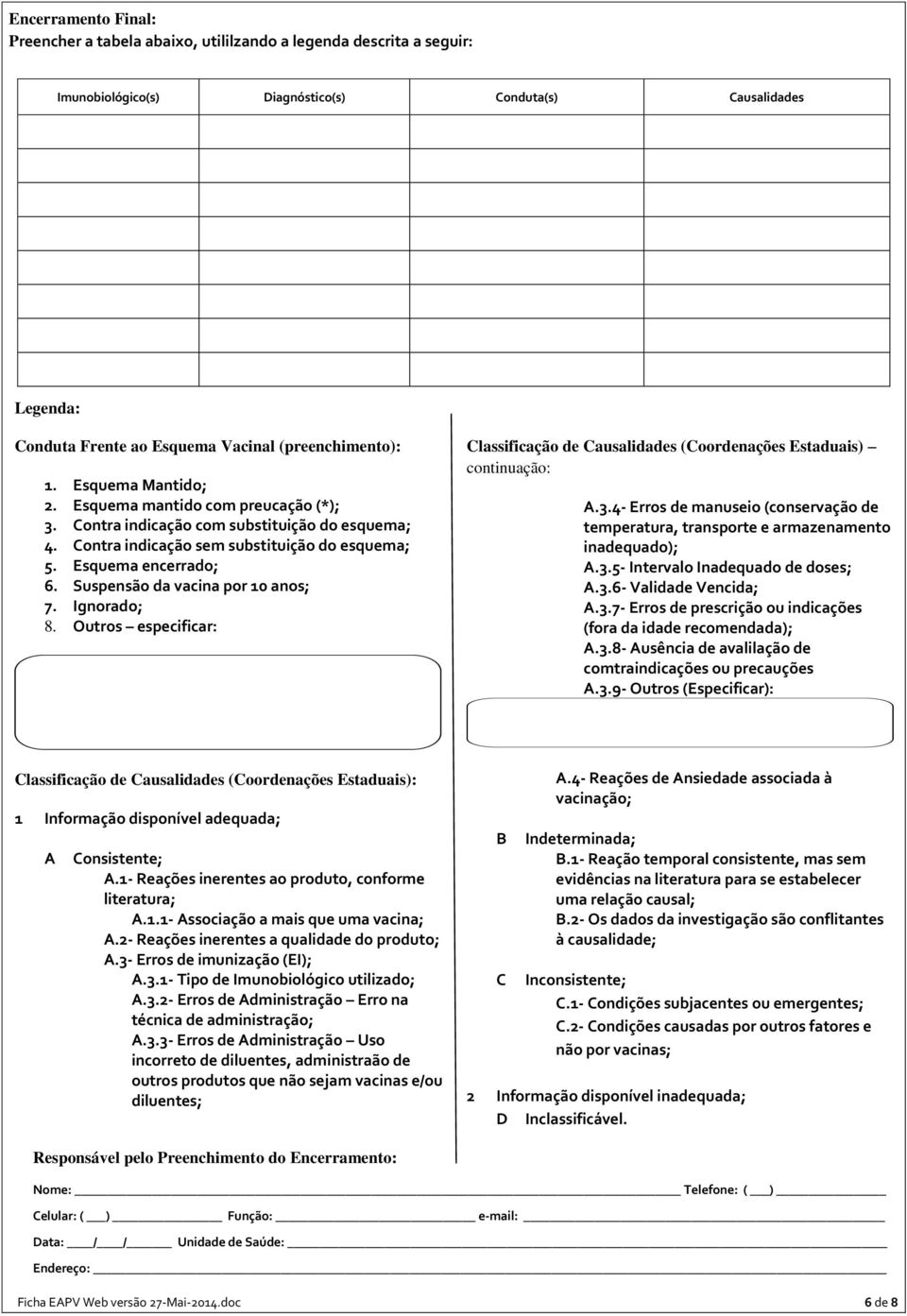 Suspensão da vacina por 10 anos; 7. Ignorado; 8. especificar: Classificação de Causalidades (Coordenações Estaduais) continuação: A.3.