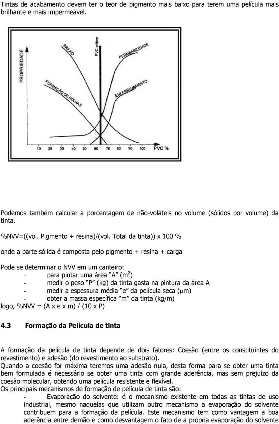 Total da tinta)) x 100 % onde a parte sólida é composta pelo pigmento + resina + carga Pode se determinar o NVV em um canteiro: - para pintar uma área A (m 2 ) - medir o peso P (kg) da tinta gasta na