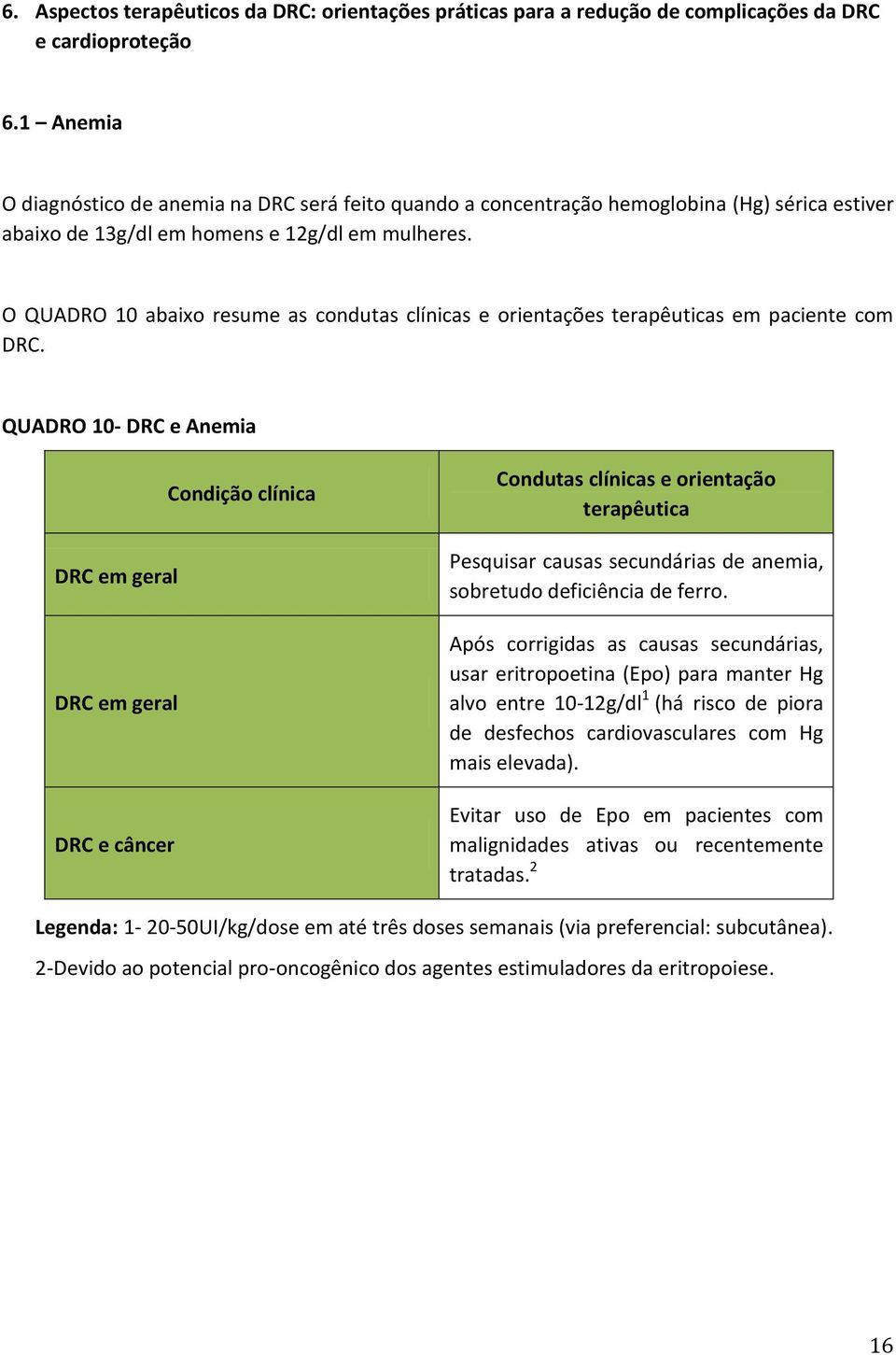 O QUADRO 10 abaixo resume as condutas clínicas e orientações terapêuticas em paciente com DRC.