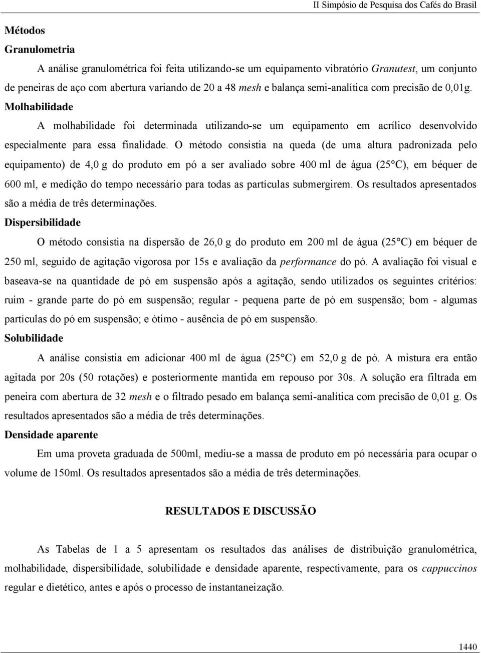 O método consistia na queda (de uma altura padronizada pelo equipamento) de 4,0 g do produto em pó a ser avaliado sobre 400 ml de água (25 C), em béquer de 600 ml, e medição do tempo necessário para