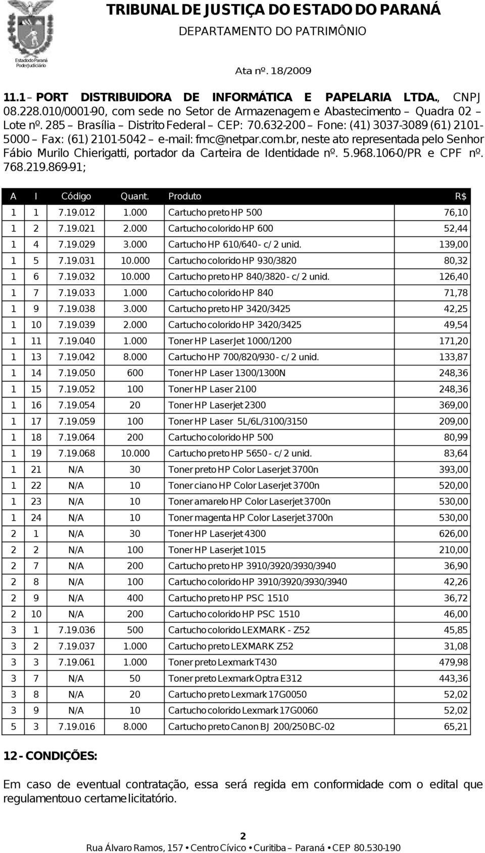 106-0/PR e CPF nº. 768.219.869-91; 1 1 7.19.012 1.000 Cartucho preto HP 500 76,10 1 2 7.19.021 2.000 Cartucho colorido HP 600 52,44 1 4 7.19.029 3.000 Cartucho HP 610/640 - c/ 2 unid. 139,00 1 5 7.19.031 10.