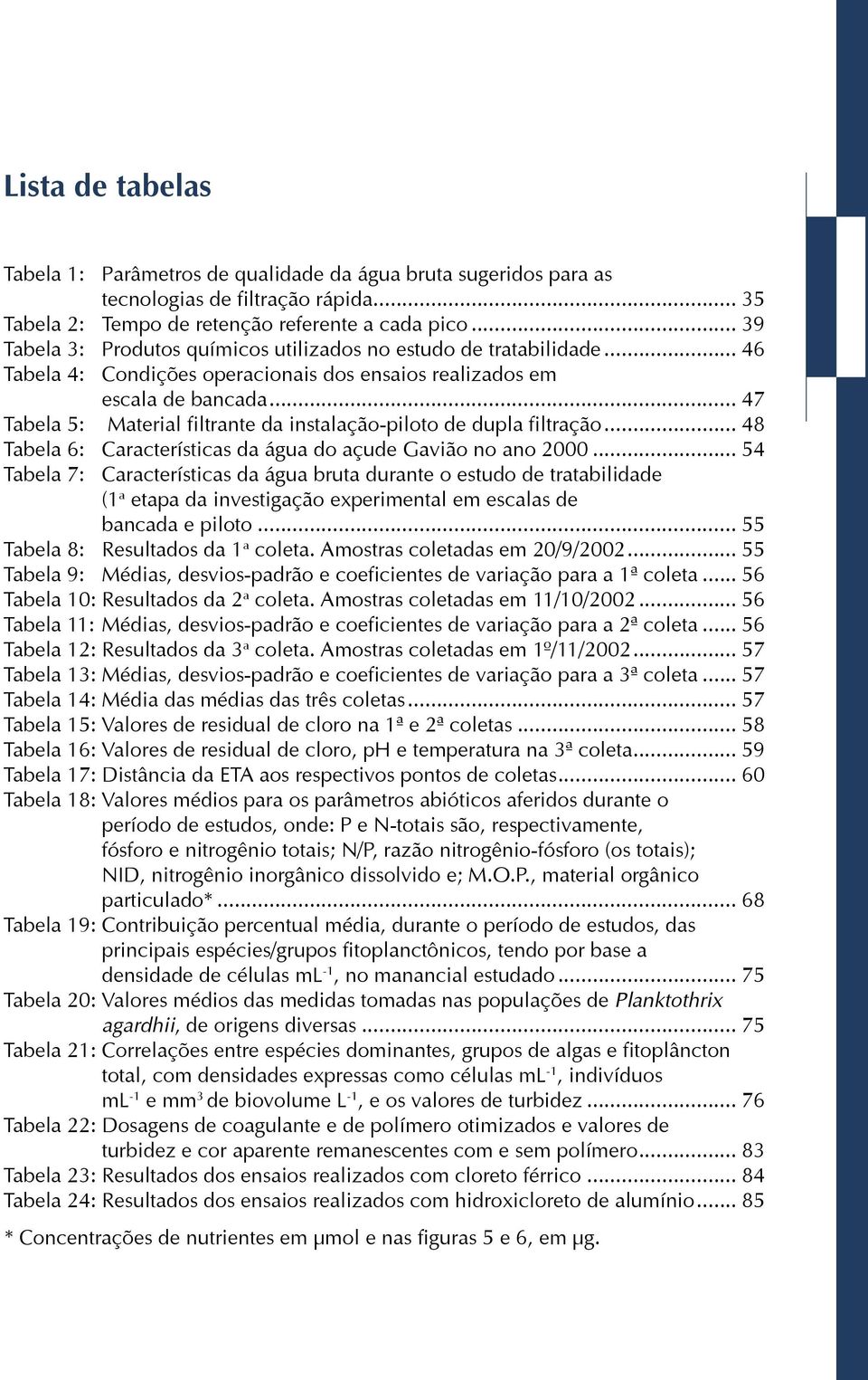 .. 47 Tabela 5: Material filtrante da instalação-piloto de dupla filtração... 48 Tabela 6: Características da água do açude Gavião no ano 2000.