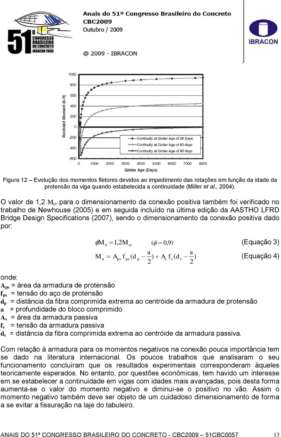 (2007), sendo o dimensionamento da conexão positiva dado por: M n 1, 2M cr ( 0,9) (Equação 3) a a M n Aps f ps( d p ) As f s ( d s ) (Equação 4) 2 2 onde: A ps = área da armadura de protensão f ps =