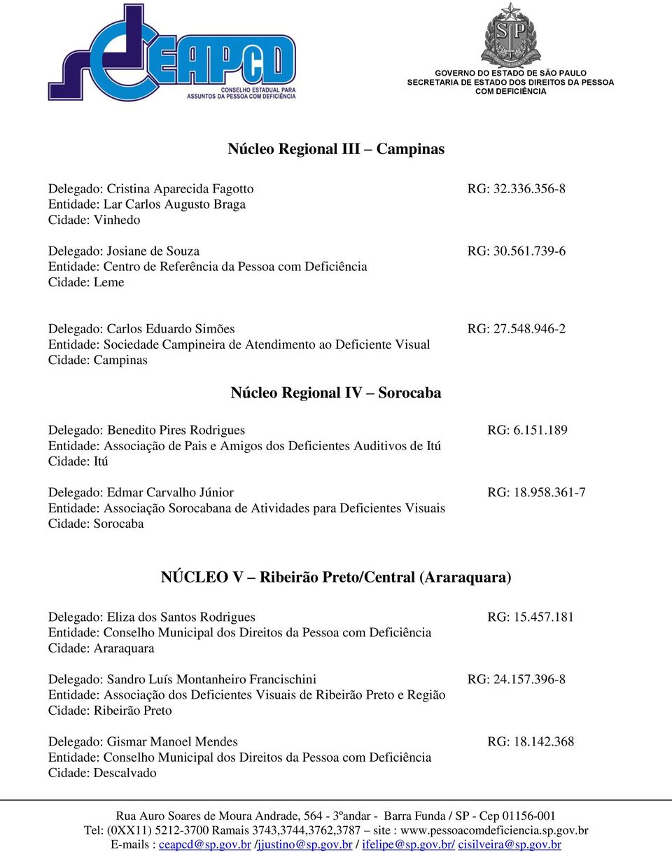 946-2 Entidade: Sociedade Campineira de Atendimento ao Deficiente Visual Cidade: Campinas Núcleo Regional IV Sorocaba Delegado: Benedito Pires Rodrigues RG: 6.151.