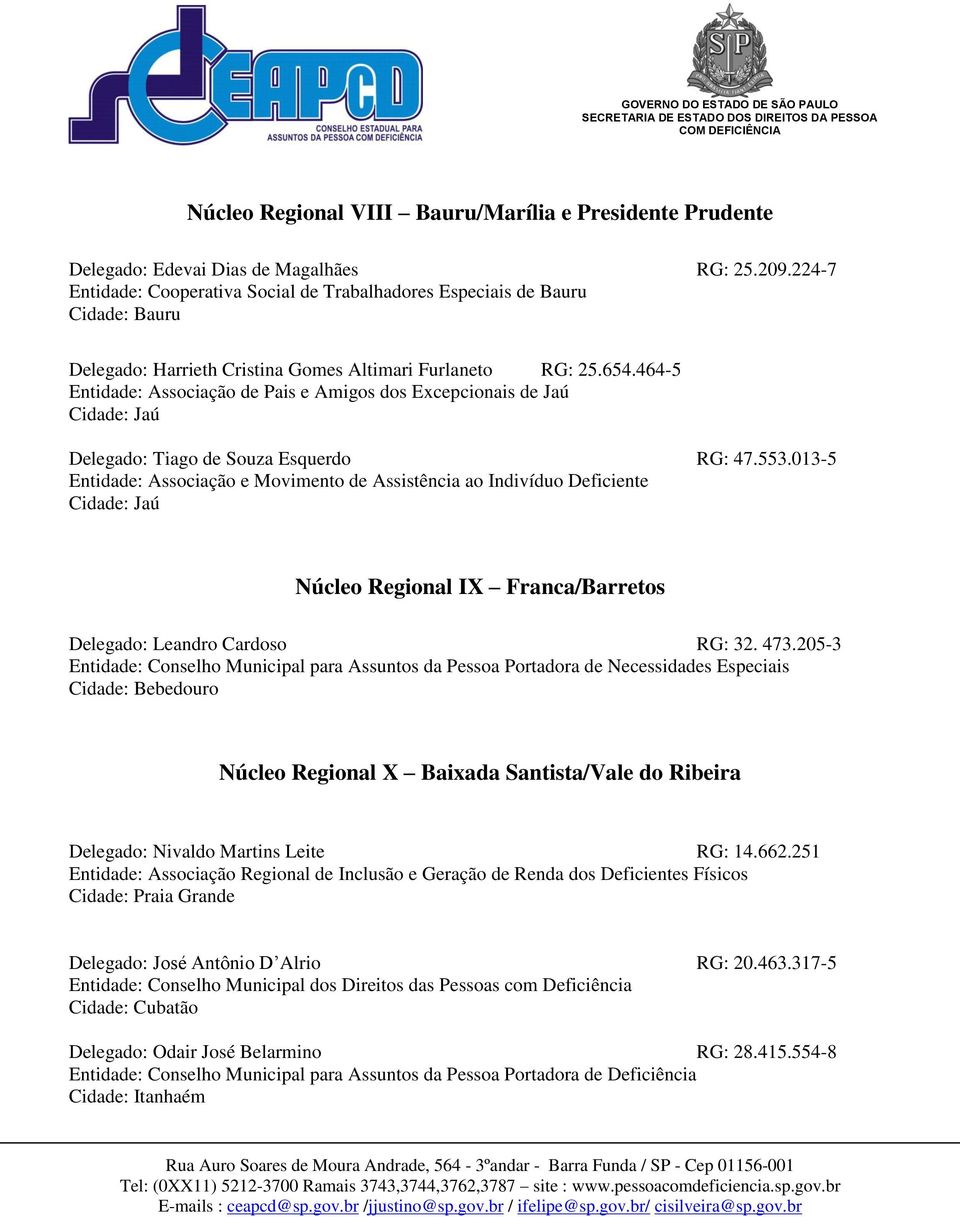 464-5 Entidade: Associação de Pais e Amigos dos Excepcionais de Jaú Cidade: Jaú Delegado: Tiago de Souza Esquerdo RG: 47.553.