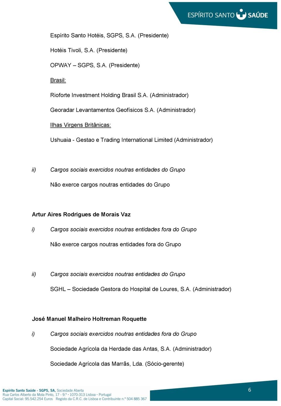 entidades do Grupo Artur Aires Rodrigues de Morais Vaz Não exerce cargos noutras entidades fora do Grupo SGHL Sociedade Gestora do Hospital de