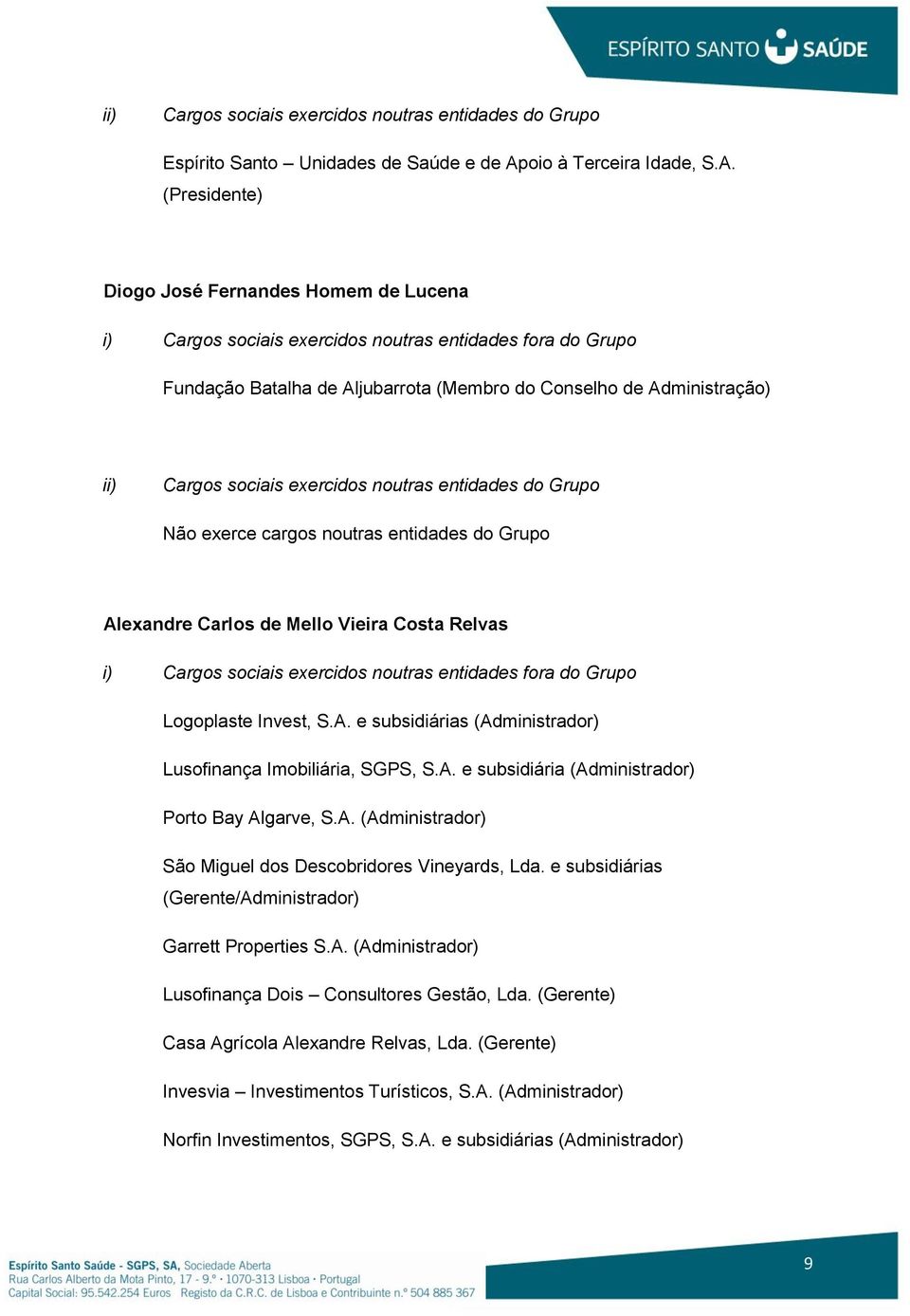 A. São Miguel dos Descobridores Vineyards, Lda. e subsidiárias (Gerente/Administrador) Garrett Properties S.A. Lusofinança Dois Consultores Gestão, Lda.