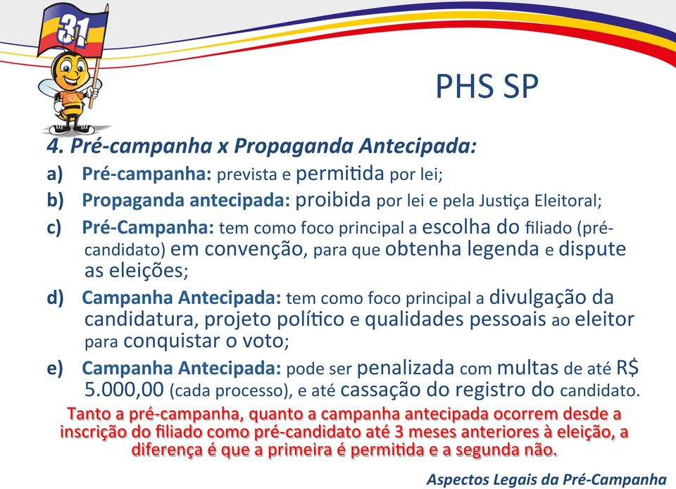 qualidades pessoais ao eleitor para conquistar o voto; e) Campanha Antecipada: pode ser penalizada com multas de até R$ 5.000,00 (cada processo), e até cassação do registro do candidato.