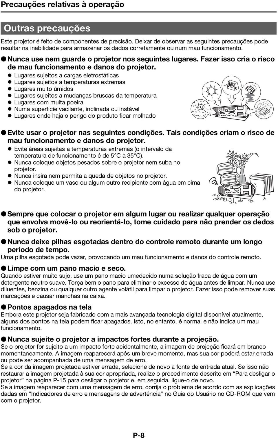 Fazer isso cria o risco de mau funcionamento e danos do projetor.