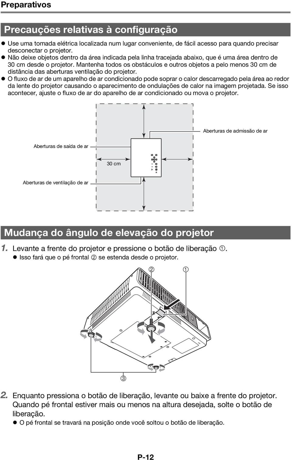 Mantenha todos os obstáculos e outros objetos a pelo menos 30 cm de distância das aberturas ventilação do projetor.