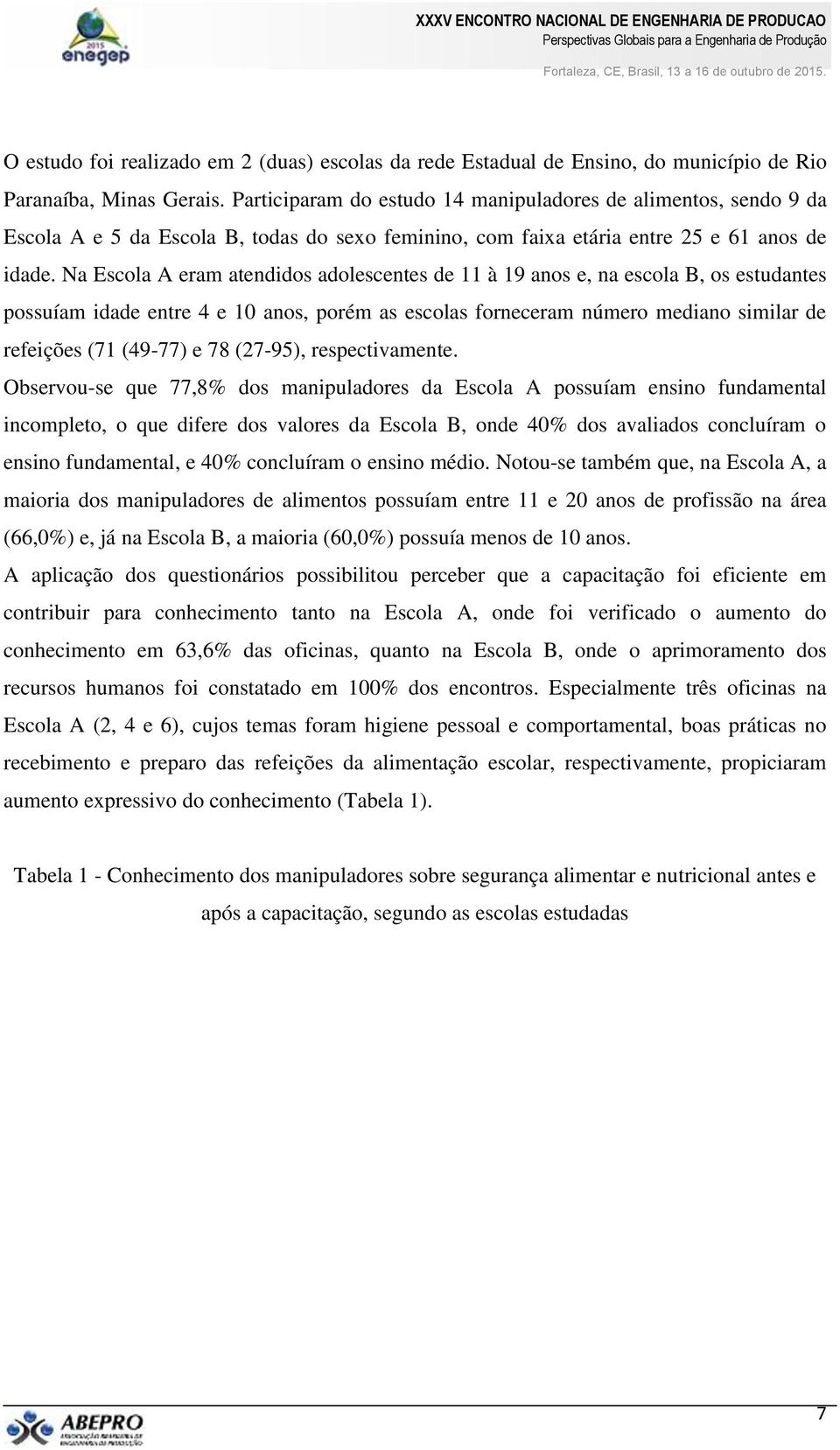 Na Escola A eram atendidos adolescentes de 11 à 19 anos e, na escola B, os estudantes possuíam idade entre 4 e 10 anos, porém as escolas forneceram número mediano similar de refeições (71 (49-77) e