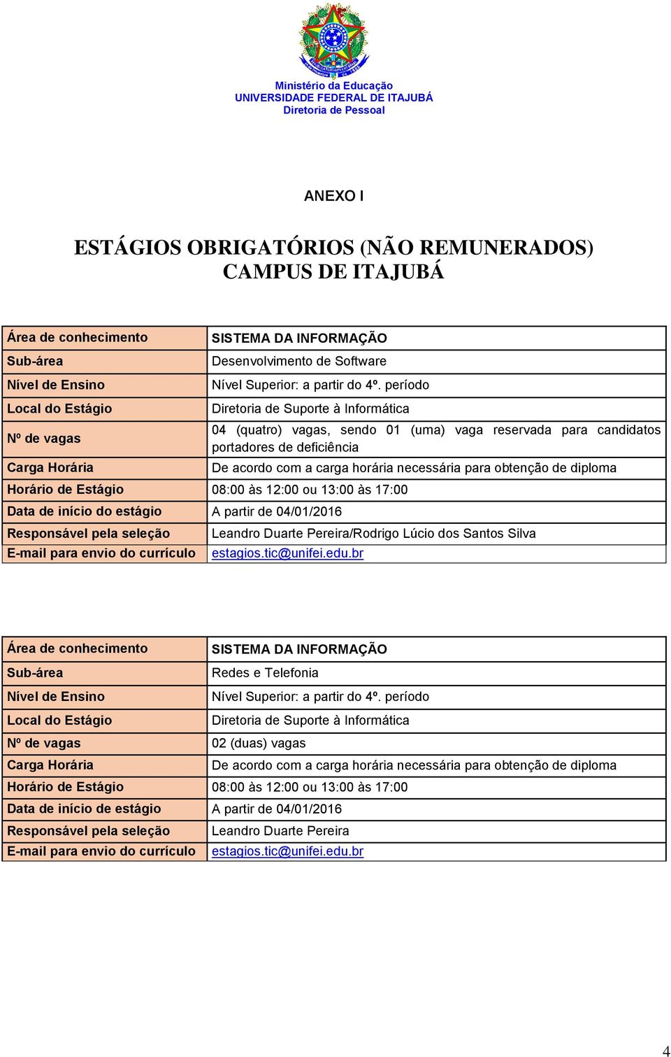 candidatos portadores de deficiência De acordo com a carga horária necessária para obtenção de diploma Leandro Duarte Pereira/Rodrigo Lúcio dos Santos Silva estagios.tic@unifei.edu.