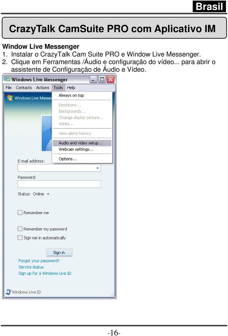 Instalar o CrazyTalk Cam Suite PRO e Window Live Messenger. 2.