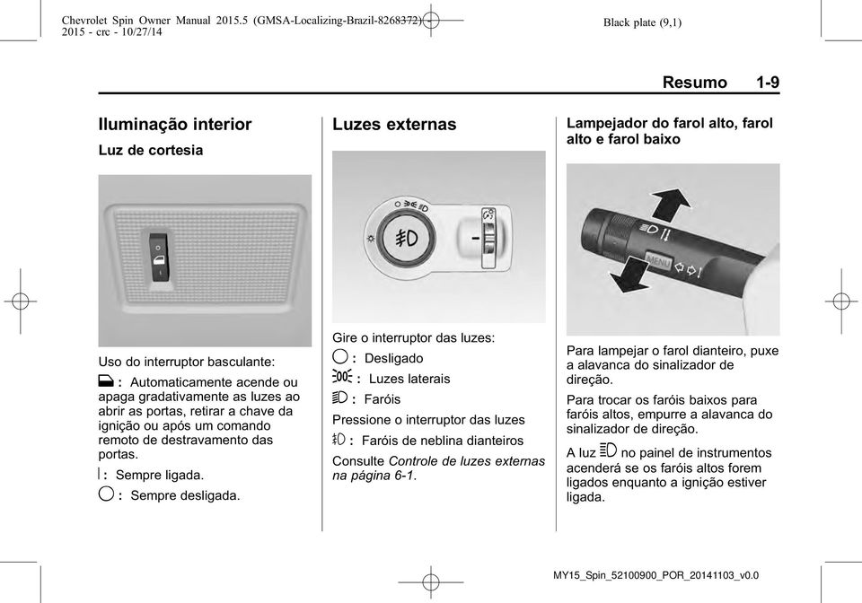 Gire o interruptor das luzes: 9 : Desligado ; : Luzes laterais 2 : Faróis Pressione o interruptor das luzes # : Faróis de neblina dianteiros Consulte Controle de luzes externas na página 6-1.