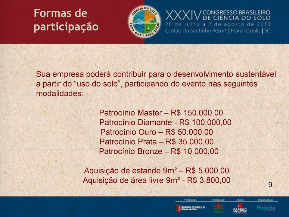 000,00 Patrocínio Diamante - R$ 100.000,00 Patrocínio Ouro R$ 50.000,00 Patrocínio Prata R$ 35.