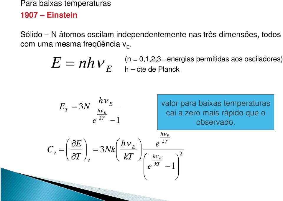 ..energias permitidas aos osciladores) h cte de Planck 1 3 kt h E T E e h N E 2 1 3 kt