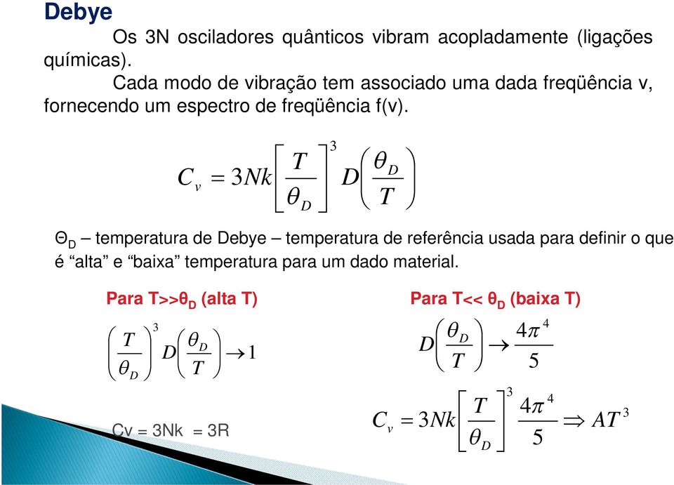 T D T Nk C D D v 3 3 Θ D temperatura de Debye temperatura de referência usada para definir o que é alta e