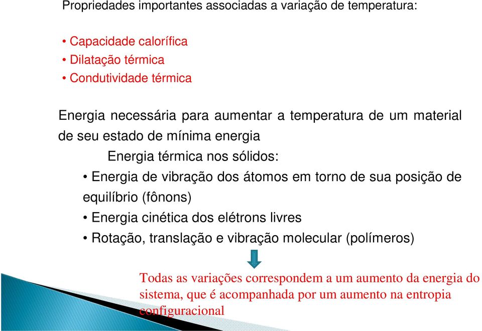 dos átomos em torno de sua posição de equilíbrio (fônons) Energia cinética dos elétrons livres Rotação, translação e vibração molecular