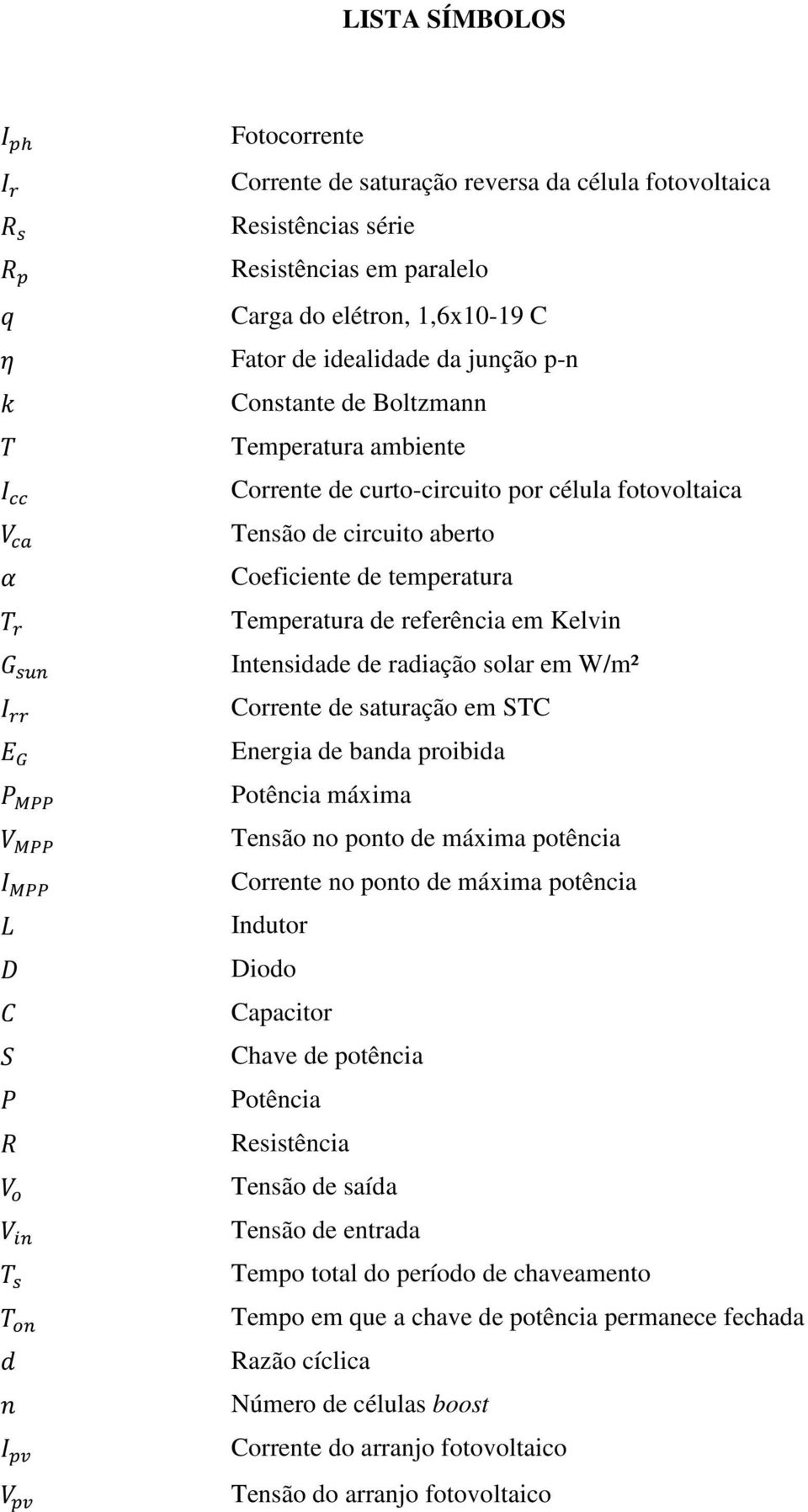 solar em W/m² Corrente de saturação em STC Energia de banda proibida Potência máxima Tensão no ponto de máxima potência Corrente no ponto de máxima potência Indutor Diodo Capacitor Chave de potência