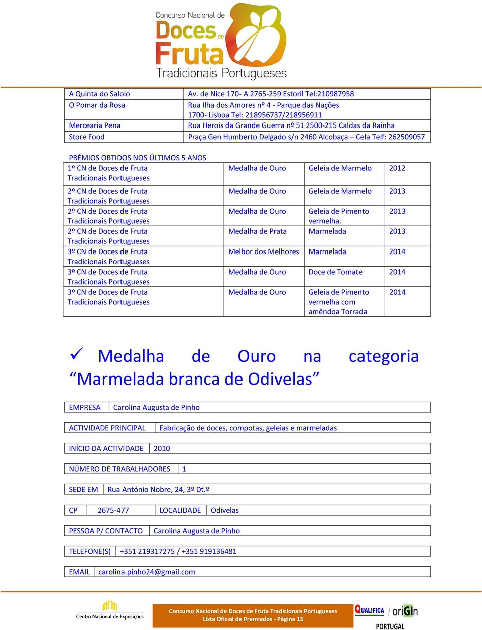 512500-215 Caldas da Rainha Store Food Praça Gen Humberto Delgado s/n 2460 Alcobaça Cela Telf: 262509057 1º CN de Doces de Fruta Tradicionais 2º CN de Doces de Fruta Tradicionais 2º CN de Doces de