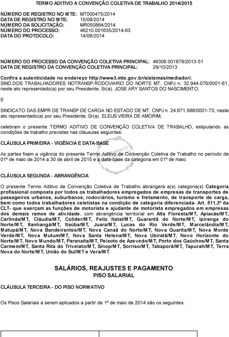 001878/2013-51 DATA DE REGISTRO DA CONVENÇÃO COLETIVA PRINCIPAL: 29/10/2013 Confira a autenticidade no endereço http://www3.mte.gov.br/sistemas/mediador/. SIND.DOS TRABALHADORES NOTRANSP.