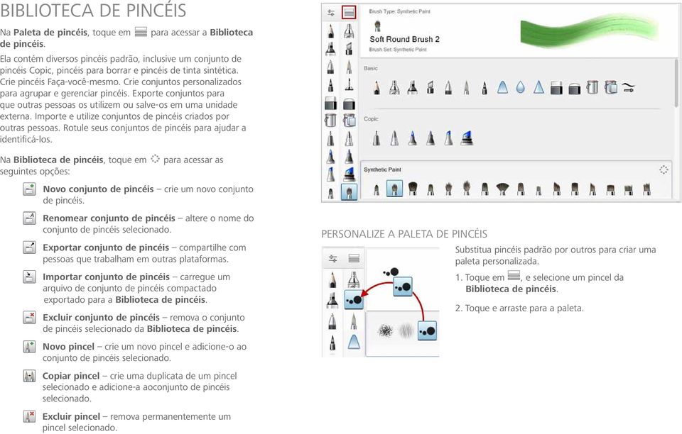 Crie conjuntos personalizados para agrupar e gerenciar pincéis. Exporte conjuntos para que outras pessoas os utilizem ou salve-os em uma unidade externa.