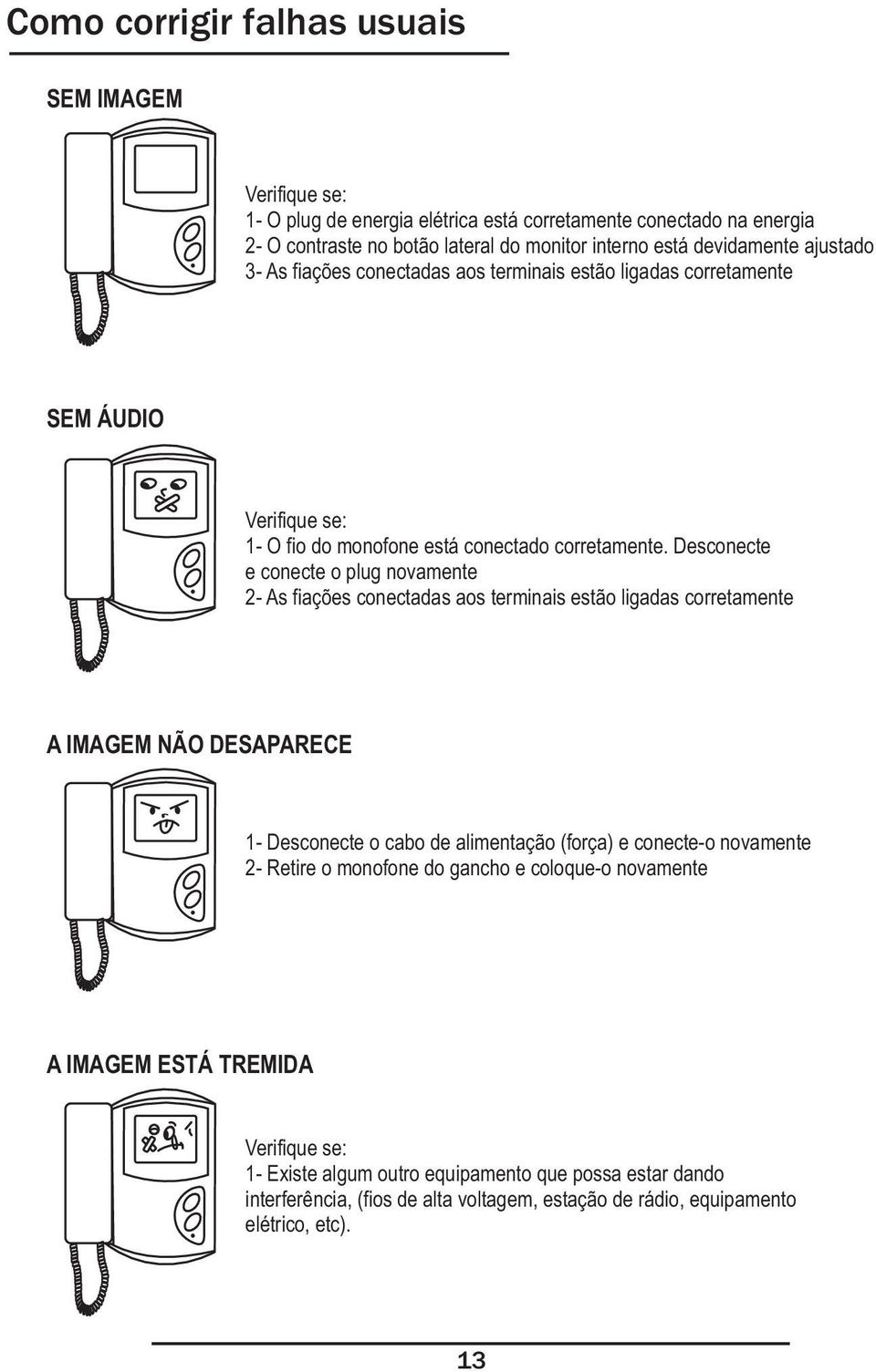 Desconecte e conecte o plug novamente 2- As fiações conectadas aos terminais estão ligadas corretamente A IMAGEM NÃO DESAPARECE 1- Desconecte o cabo de alimentação (força) e conecte-o