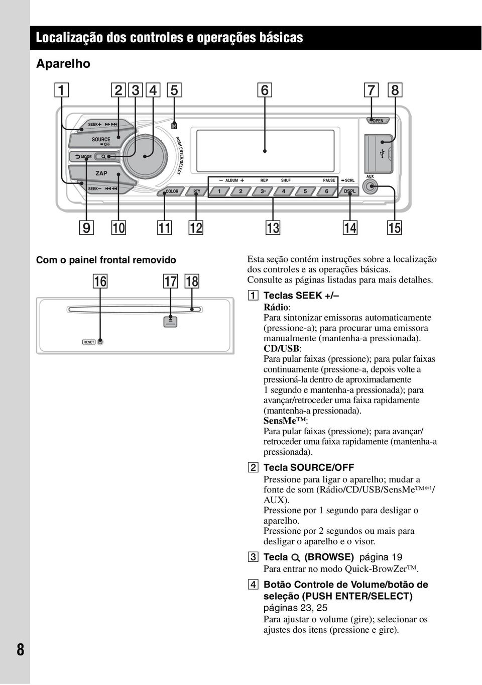 CD/USB: Para pular faixas (pressione); para pular faixas continuamente (pressione-a, depois volte a pressioná-la dentro de aproximadamente 1 segundo e mantenha-a pressionada); para avançar/retroceder