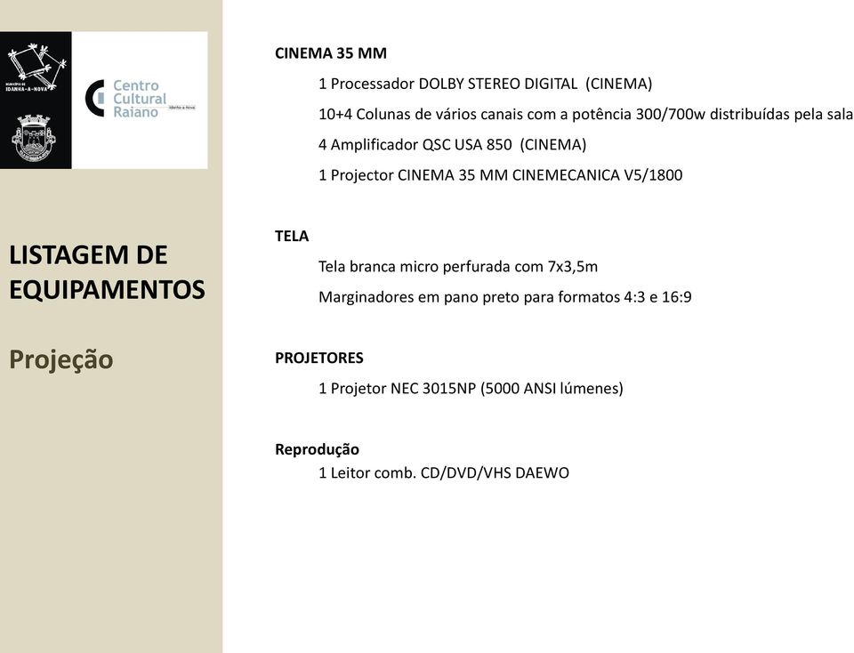 V5/1800 LISTAGEM DE TELA Tela branca micro perfurada com 7x3,5m Marginadores em pano preto para formatos