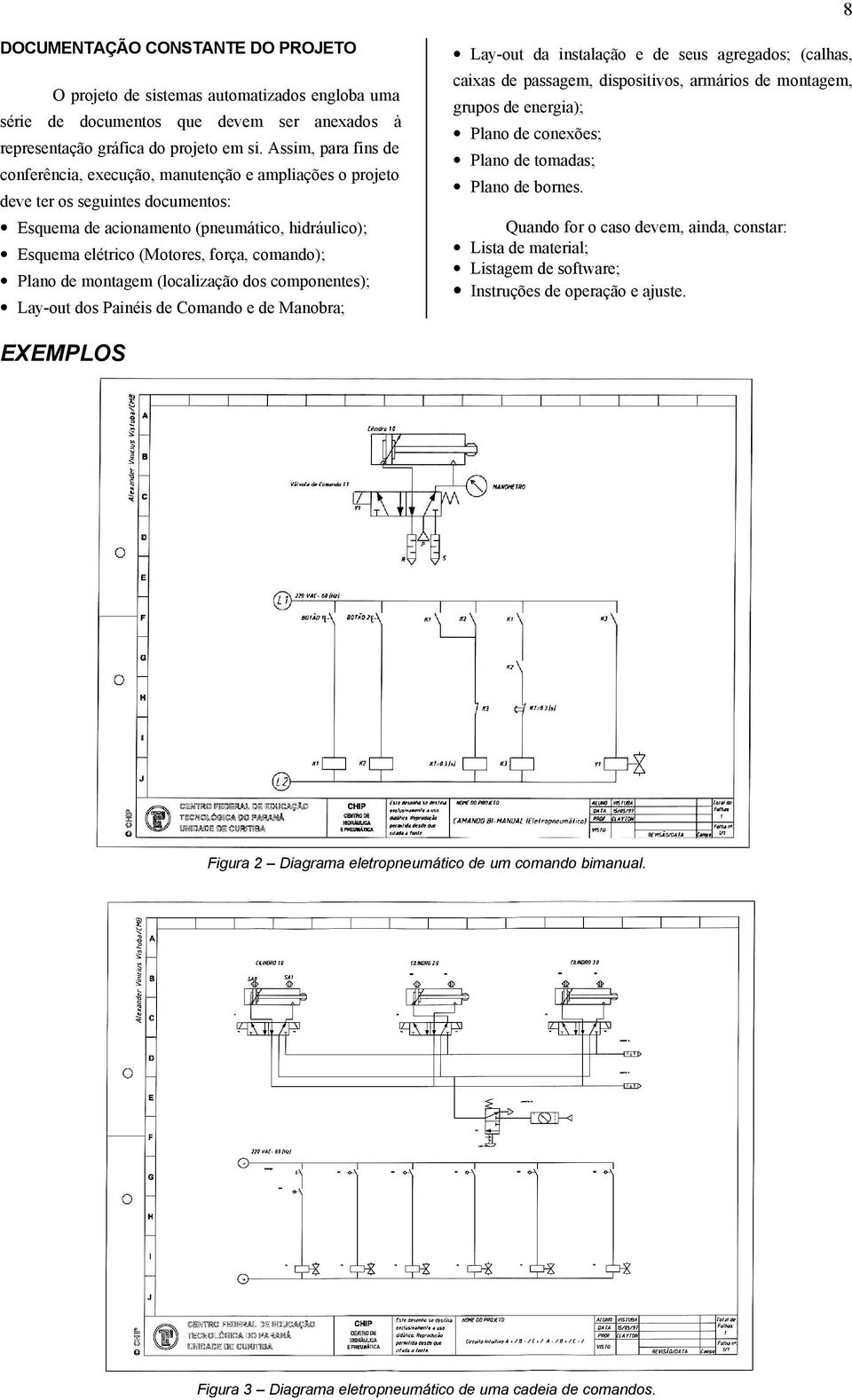 comando); Plano de montagem (localização dos componentes); Lay-out dos Painéis de Comando e de Manobra; Lay-out da instalação e de seus agregados; (calhas, caixas de passagem, dispositivos, armários