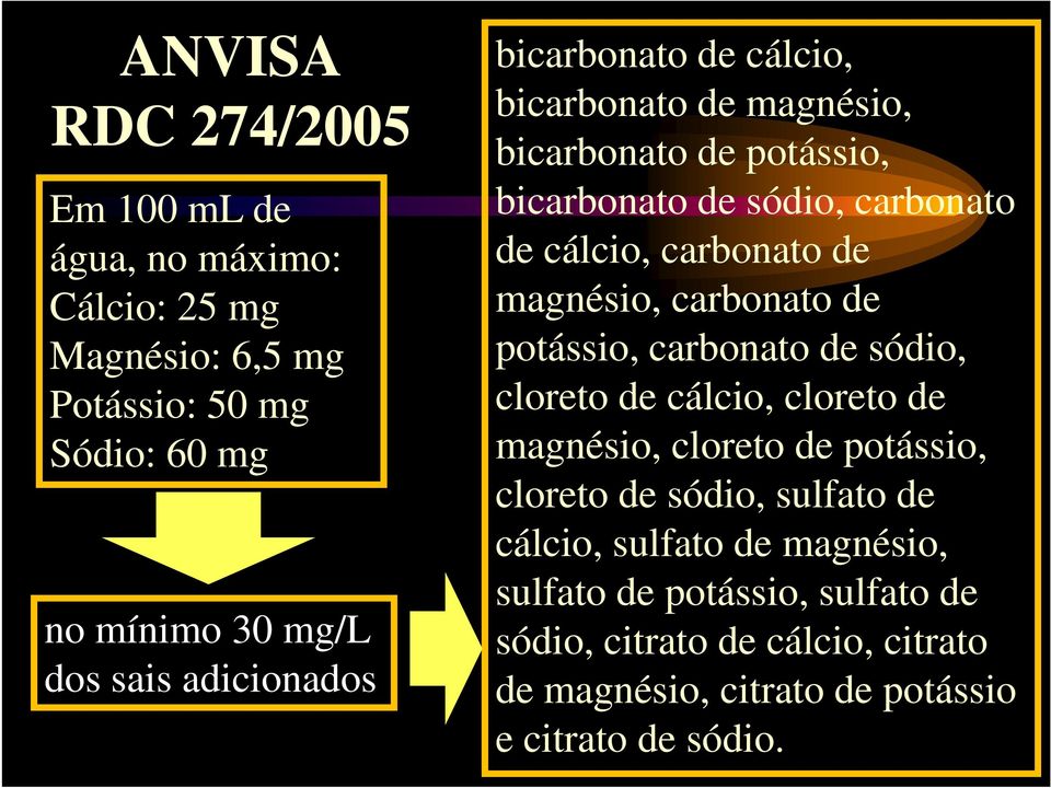 magnésio, carbonato de potássio, carbonato de sódio, cloreto de cálcio, cloreto de magnésio, cloreto de potássio, cloreto de sódio, sulfato