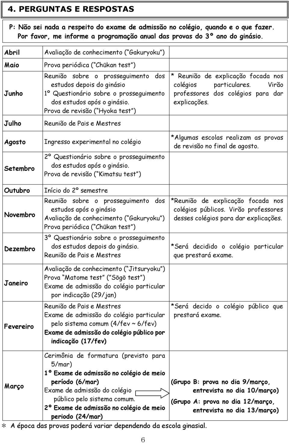 prosseguimento dos estudos após o ginásio. Prova de revisão ( Hyoka test ) Reunião de Pais e Mestres Ingresso experimental no colégio 2º Questionário sobre o prosseguimento dos estudos após o ginásio.